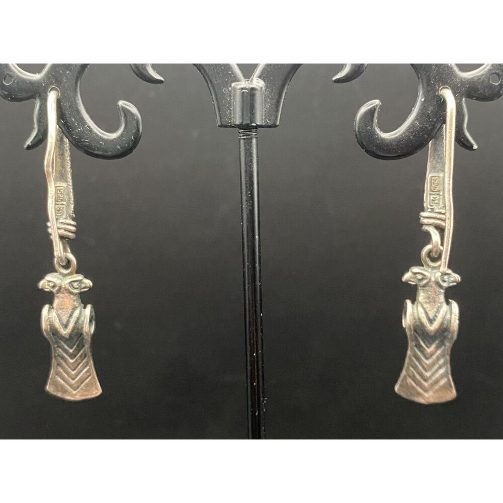 Vintage 925 Silver MK 925 Earrings Bird Totem Aztec Pre Columbian Inspired 1.75" - Picture 3 of 8